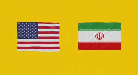Relations between the United States and the Iran, illustration of flags on a yellow background