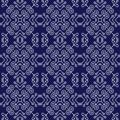 Japanese stitch Sashiko embroidery indigo white abstract artwork seamless geometric pattern printed background fabric wallpaper hand drawn line

