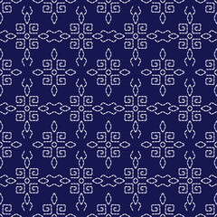 Japanese stitch Sashiko embroidery indigo white abstract artwork seamless geometric pattern printed background fabric wallpaper hand drawn line

