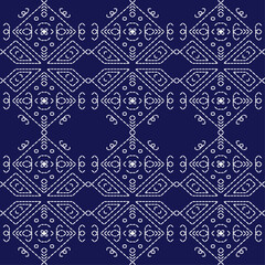 Fototapeta premium Japanese stitch Sashiko embroidery indigo white abstract artwork seamless geometric pattern printed background fabric wallpaper hand drawn line