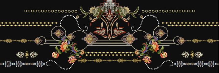 Ikat floral paisley embroidery on black background.geometric ethnic oriental pattern traditional.Aztec style abstract vector illustration.design for texture,fabric,clothing,wrapping,decoration