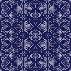 Japanese stitch Sashiko embroidery indigo white abstract artwork seamless geometric pattern printed background fabric wallpaper hand drawn line

