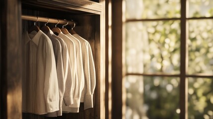 Sunlit wardrobe with neatly hanging shirts.