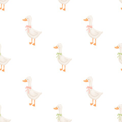 Seamless pattern with cute goose on white, baby animal, watercolor illustration, hand drawn repeating backdrop for kids