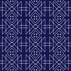 Japanese stitch Sashiko embroidery indigo white abstract artwork seamless geometric pattern printed background fabric wallpaper hand drawn line

