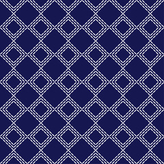 Naklejka premium Japanese stitch Sashiko embroidery indigo white abstract artwork seamless geometric pattern printed background fabric wallpaper hand drawn line