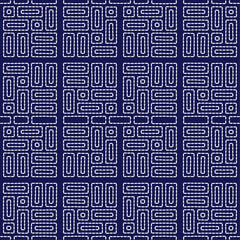 Japanese stitch Sashiko embroidery indigo white abstract artwork seamless geometric pattern printed background fabric wallpaper hand drawn line

