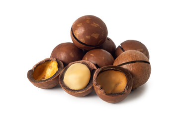 Macadamia nuts display showcasing their hard shells and creamy interior in a bright setting
