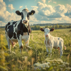 A black and white spotted cow and its calf standing together in a serene meadow.