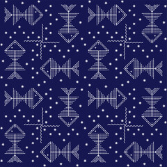 Japanese stitch Sashiko embroidery indigo white abstract artwork seamless geometric pattern printed background fabric wallpaper hand drawn line

