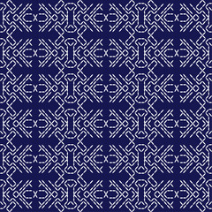 Japanese stitch Sashiko embroidery indigo white abstract artwork seamless geometric pattern printed background fabric wallpaper hand drawn line

