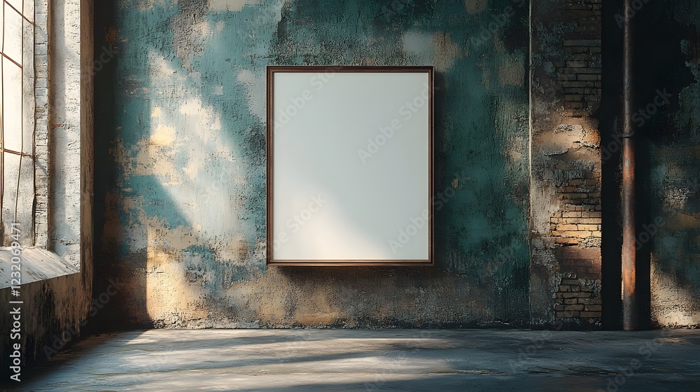 Poster grunge textured wall with distressed frame and sunlight streaming through window in abandoned interi