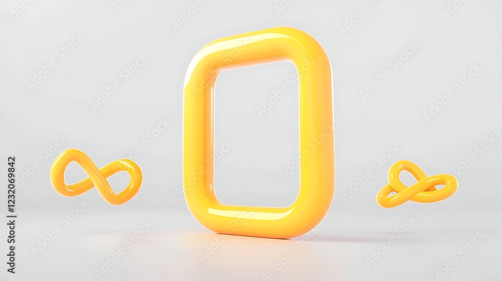 Poster abstract 3d render of intertwined yellow forms and a rectangular frame
