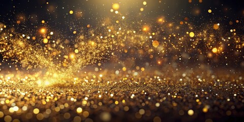 Naklejka premium Iridescent gold particles suspended in mid-air against a dark abstract background, shimmering with luxurious glitter, as if infused with cosmic energy , darkness, opulence