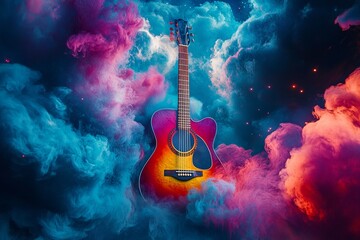 A guitar surrounded by swirling colorful smoke, creating a mystical and artistic atmosphere with vibrant hues and soft lighting.

