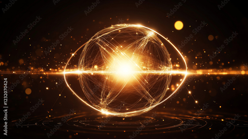 Poster luminous concentric circles around sphere with blue neon light. flare radiates from central round fr