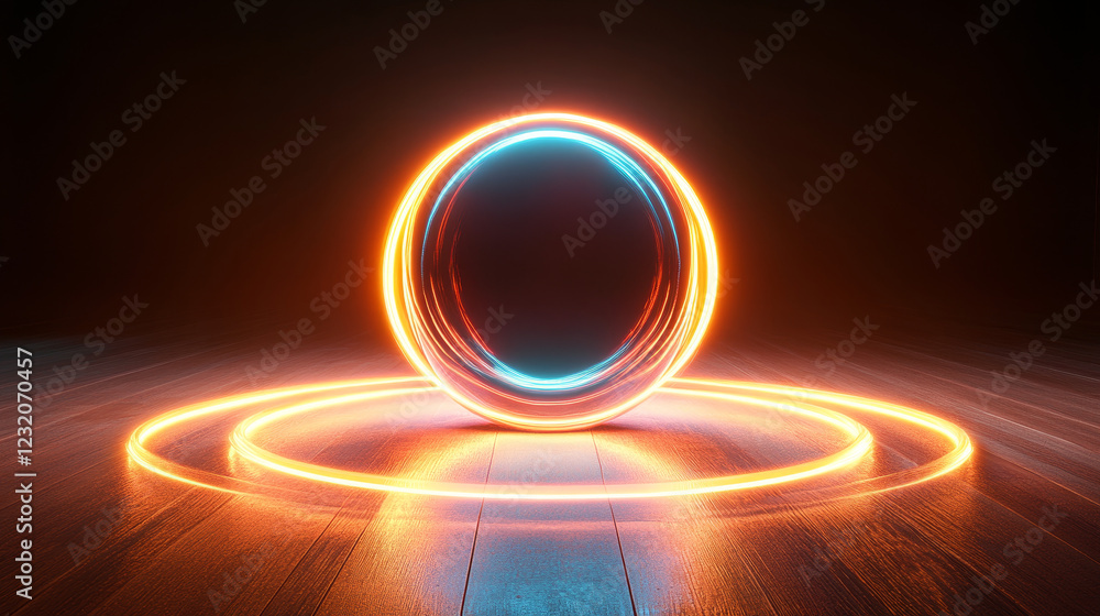 Poster luminous concentric circles around sphere with blue neon light. flare radiates from central round fr