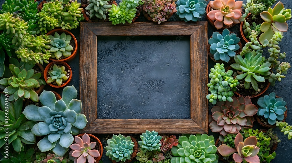 Aufkleber Lush assortment of vibrant succulent plants arranged in a rustic wooden frame creating a beautiful natural and serene focal point for an indoor space  The succulents  diverse colors