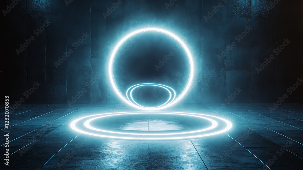 Poster luminous concentric circles around sphere with blue neon light. flare radiates from central round fr