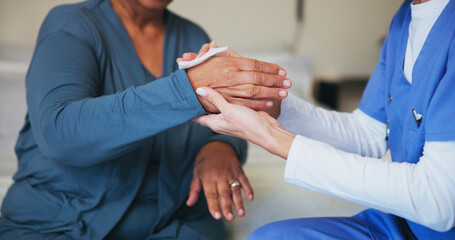 Obraz premium Cleaning, hands or medical with nurse and patient in bedroom of home for hygiene or preparation. Getting ready, healthcare and tissue with medicine professional in apartment for sterile treatment