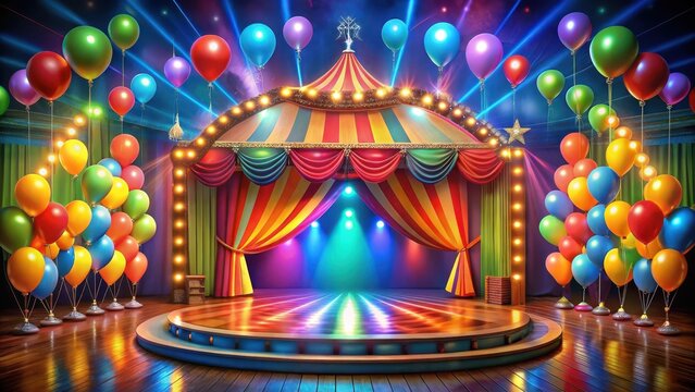 Vibrant colorful circus stage with festive lighting and balloons, colorful, lively, colorful, lively, party, balloons
