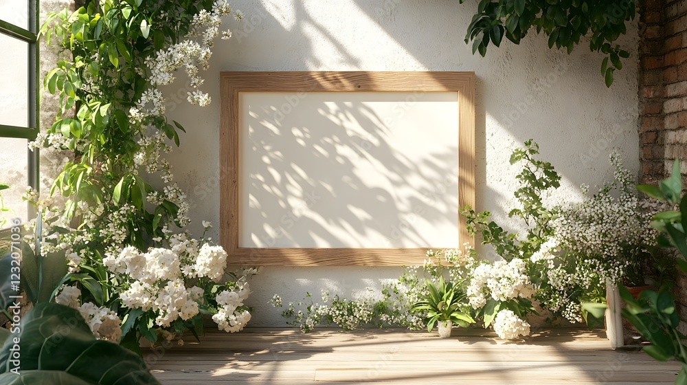 Poster Lush green foliage and floral arrangement displayed in a bright indoor window frame creating a peaceful and tranquil ambiance