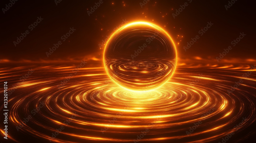 Poster luminous concentric circles around sphere with blue neon light. flare radiates from central round fr