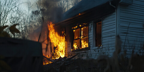 Fototapeta premium Nighttime House Fire with Visible Flames