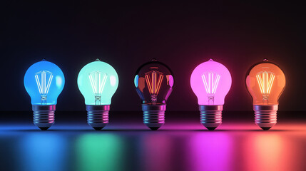 3d led bulb lamp. Smart cfl with light temperature and multicolor glowing mockup. Realistic incandescent spot with warm and cold advertising promo compare. Different type of lightbulb spectrum