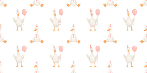 Seamless birthday pattern with cute goose on white, baby animal, watercolor illustration, hand drawn repeating backdrop for kids © Elena