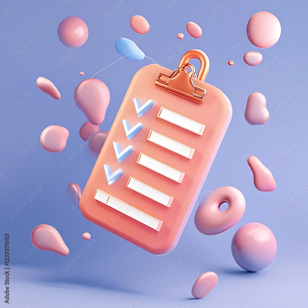 Aufkleber 3d render of a checklist clipboard surrounded by abstract shapes