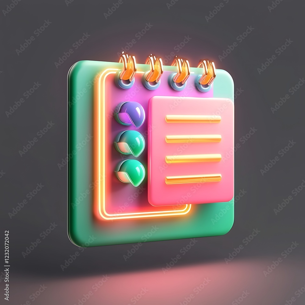 Poster neon-lit 3d render of a notepad with checklist and gold accents