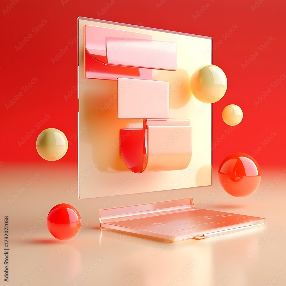 Poster abstract 3d render of geometric shapes and spheres on a peach background