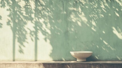 White bowl on a ledge against a wall with dappled sunlight and leaf shadows.