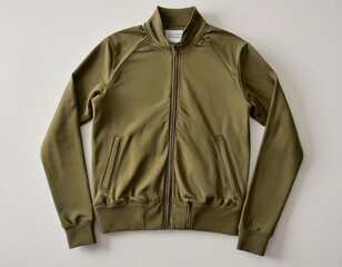 Sleek green zip-up jacket with a modern design and ribbed detailing, perfect for casual outings.
