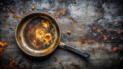A dirty frying pan with a burnt food residue on its surface