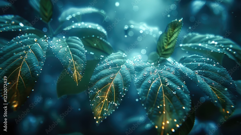 Poster a close-up view of translucent leaves in a dark rainforest, glowing softly as if they are futuristic