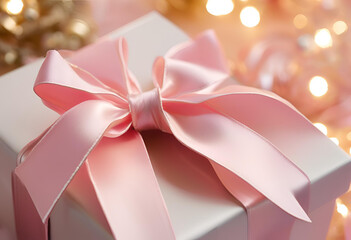 Fototapeta premium pink satin bow on luxury gift box 