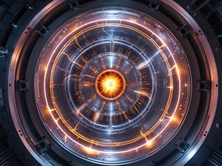 Naklejka premium Fusion reactor core showcasing glowing plasma and magnetic confinement technology in an advanced research facility