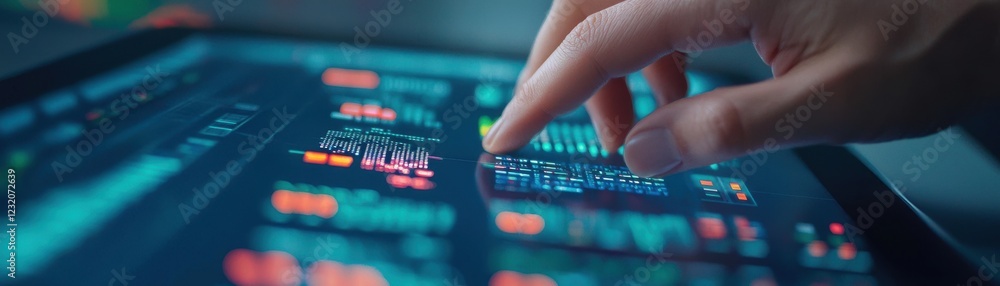 Poster a hand interacts with a digital tablet displaying vibrant graphs and data, emphasizing technology an