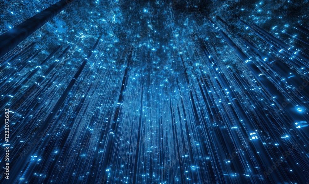 Poster futuristic digital forest with glowing blue lights and vertical structures creating an immersive atm