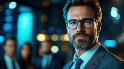 Fototapeta premium Leadership Development concept. A confident businessman in glasses stands in focus, with a blurred group behind him, highlighting his leadership and professionalism in a modern setting.