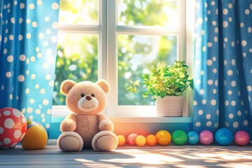 A cute teddy bear toy is sitting on the floor in front of a window with polka-dot curtains, next to colorful balls and plants, Generative AI