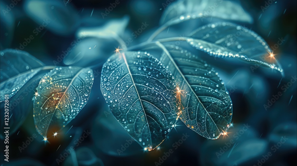 Poster a close-up view of translucent leaves in a dark rainforest, glowing softly as if they are futuristic