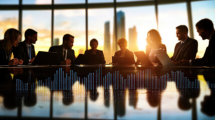 diverse group of professionals brainstorming financial strategies in modern office setting, with city skyline in background