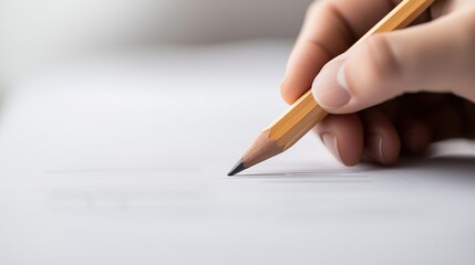 A close-up image of a hand holding a pencil, poised to write on a blank sheet of paper, emphasizing the art of writing and creativity.
