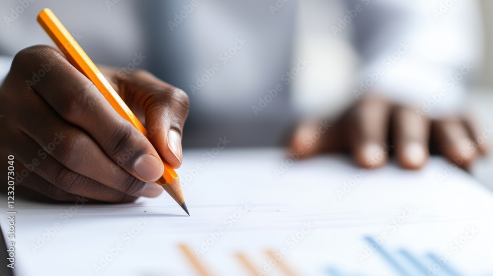 Aufkleber a close-up of a hand holding a pencil, writing on a document with colorful graphs, symbolizing analy