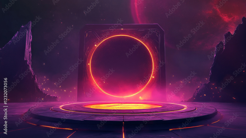 Aufkleber portal and hologram science futuristic technology background. sci-fi digital hi-tech stage in glowin