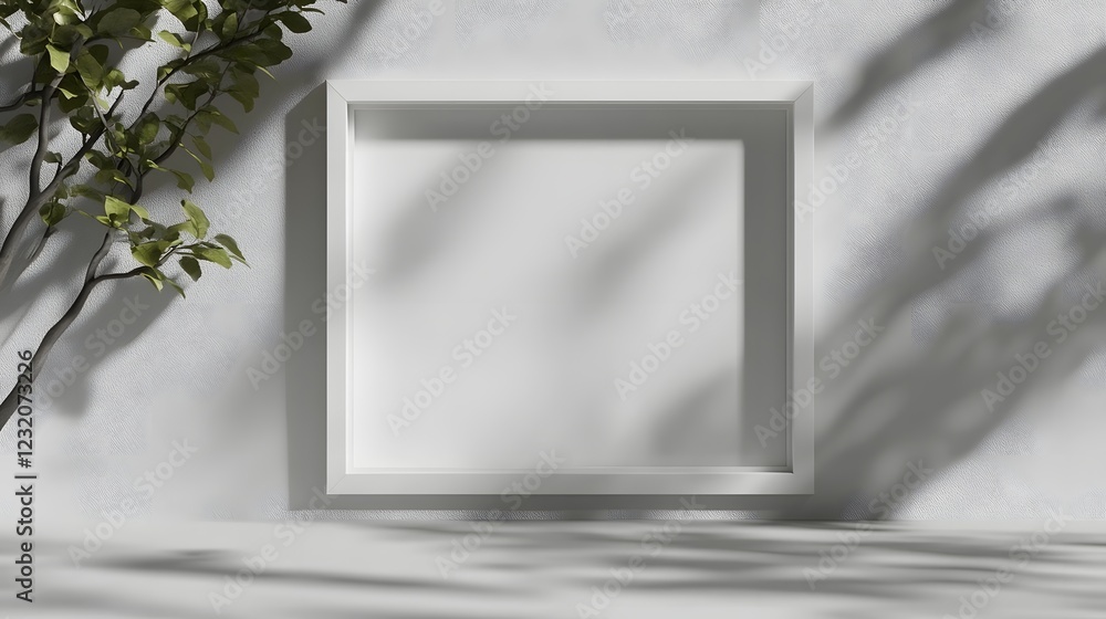 Aufkleber Minimal abstract white frame with natural shadow and green leaves on the floor  Peaceful serene and contemporary interior design concept  Clean and simple 3D render or studio mockup