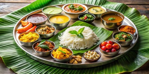 Traditional Indian upwas thali served on a banana leaf with steaming hot dal, rice